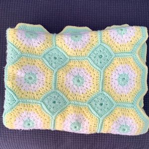 Vintage Pastel Yellow and Green Crochet Granny Square Baby Blanket